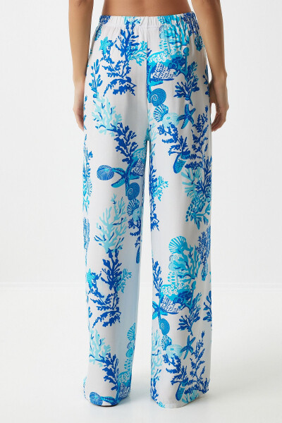 Women's Sky Blue White Patterned Flowy Viscose Palazzo Pants EN00606 - 5