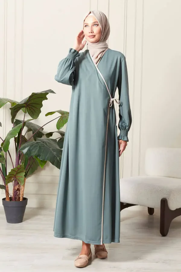 Women's Sleeve Detail Cross Neck Strappy Side Tie Prayer Dress - 1