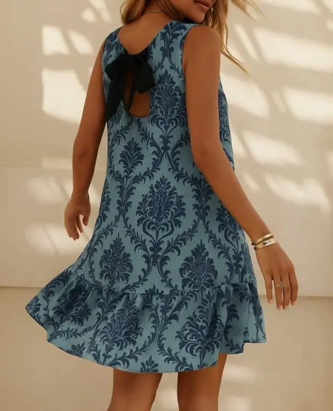 Women's Sleeveless Back Tie Ruffle Leopard Print Süprem Dress - 1