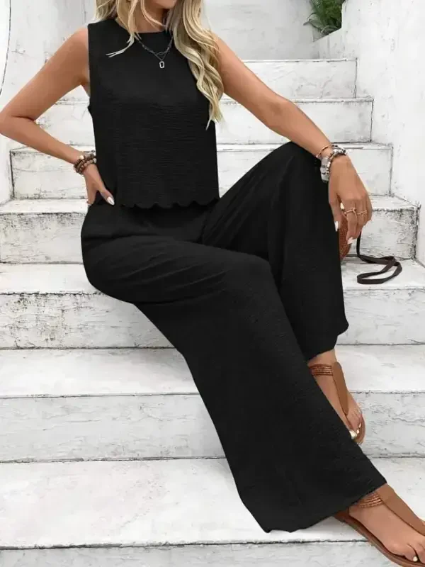 Women's Sleeveless Bicycle Collar Back Tie Aer8bin Blouse and Pants Set - 1