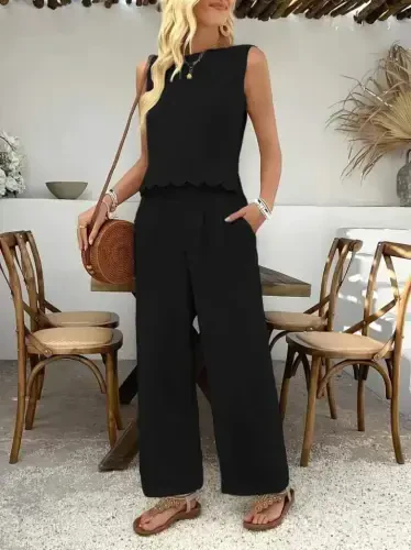 Women's Sleeveless Bicycle Collar Back Tie Aer8bin Blouse and Pants Set - BÜYÜKBEDENIZ (1)