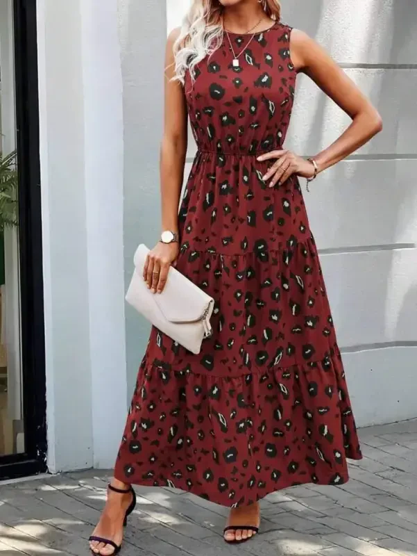 Women's Sleeveless Bicycle Collar Elastic Waist Patterned Supreme Dress - BÜYÜKBEDENIZ