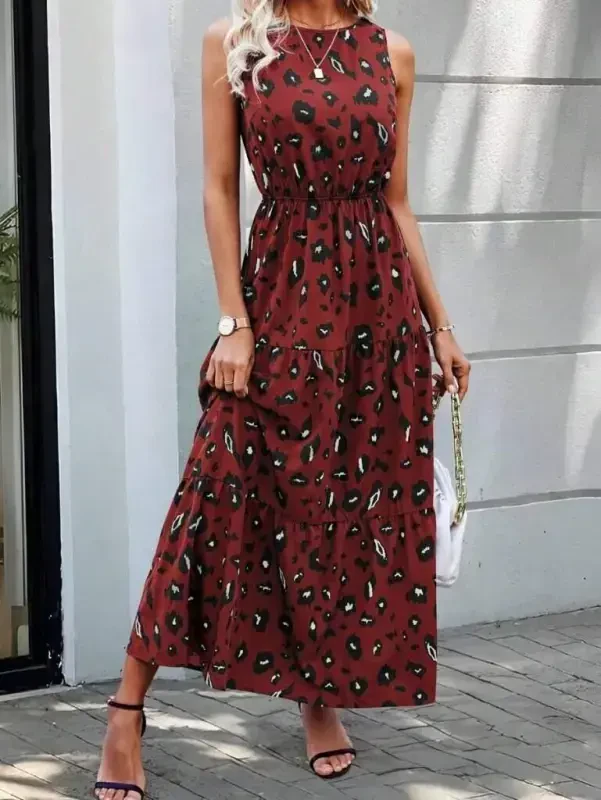 Women's Sleeveless Bicycle Collar Elastic Waist Patterned Supreme Dress - 2