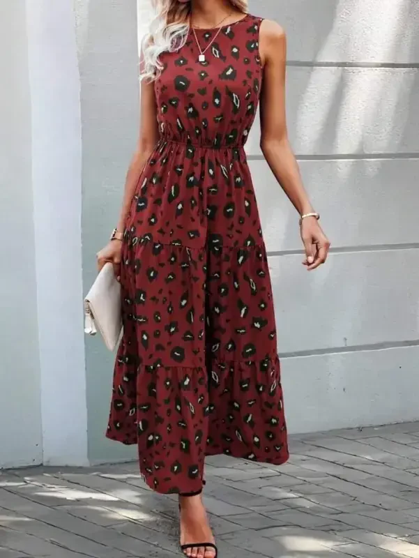 Women's Sleeveless Bicycle Collar Elastic Waist Patterned Supreme Dress - 3