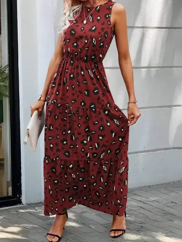 Women's Sleeveless Bicycle Collar Elastic Waist Patterned Supreme Dress - 4