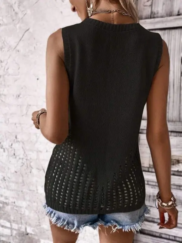 Women's Sleeveless Bicycle Collar Side Ajur Detail Knitted Blouse - 4