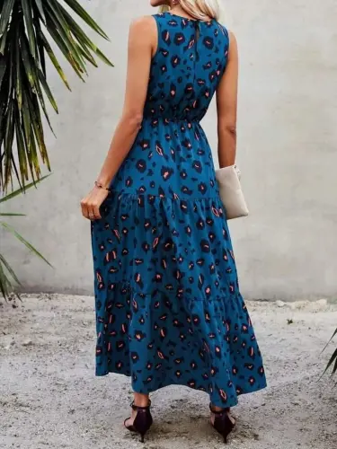 Women's Sleeveless Bike Collar Elastic Waist Patterned Supreme Dress - 4