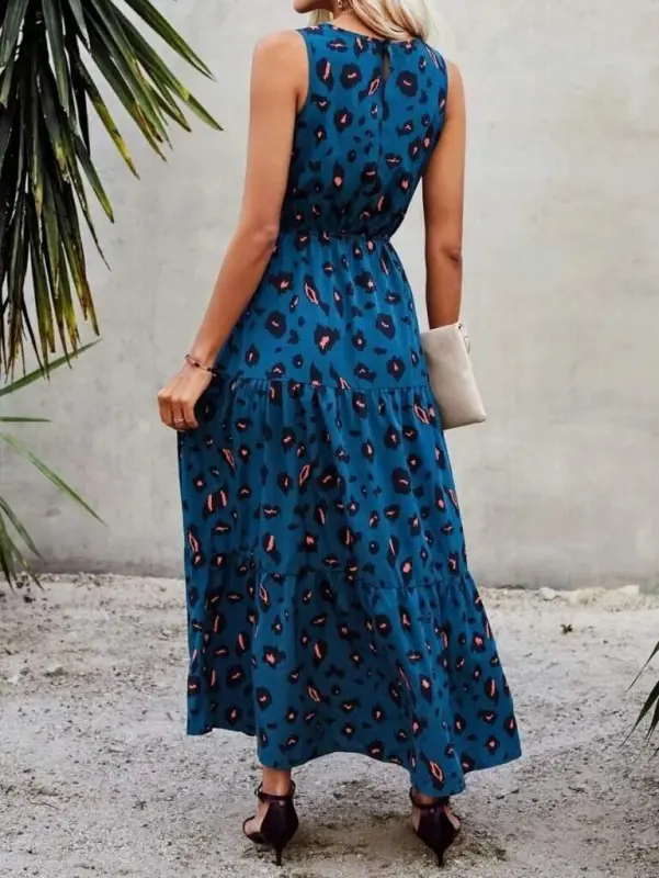 Women's Sleeveless Bike Collar Elastic Waist Patterned Supreme Dress - 4