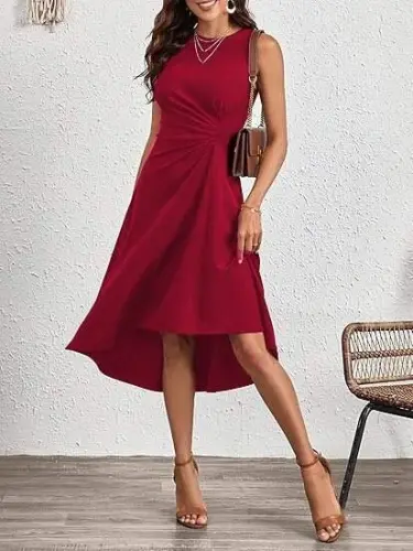 Women's Sleeveless Bike Collar Gathered Asymmetric Cut Detailed Shimmer Crepe Dress - 1