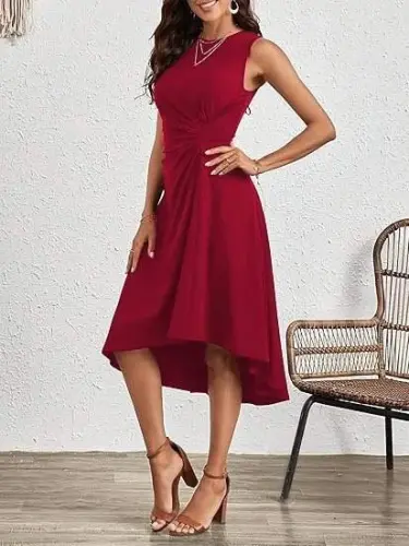 Women's Sleeveless Bike Collar Gathered Asymmetric Cut Detailed Shimmer Crepe Dress - BÜYÜKBEDENIZ (1)