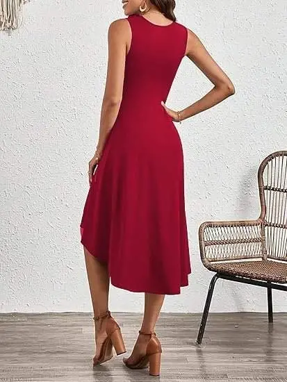 Women's Sleeveless Bike Collar Gathered Asymmetric Cut Detailed Shimmer Crepe Dress - 6