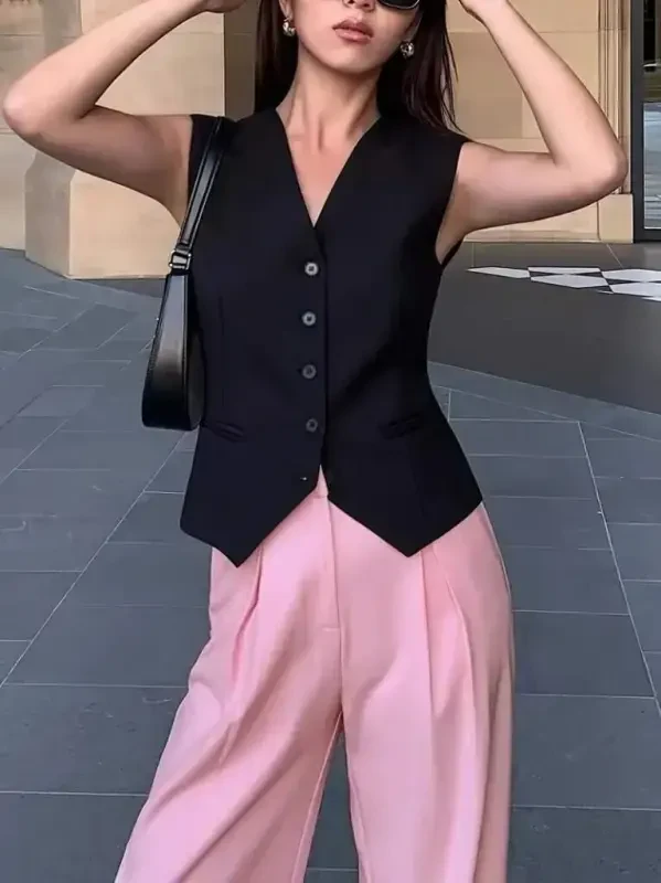 Women's Sleeveless Button-front Satin Vest - BÜYÜKBEDENIZ