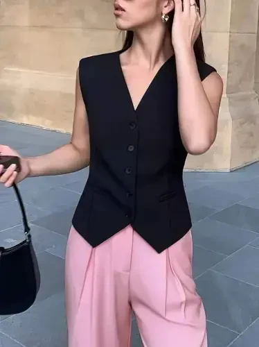 Women's Sleeveless Button-front Satin Vest - 3