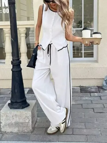 Women's Sleeveless Button-Front Vest and Trousers Two-Piece Set - 1