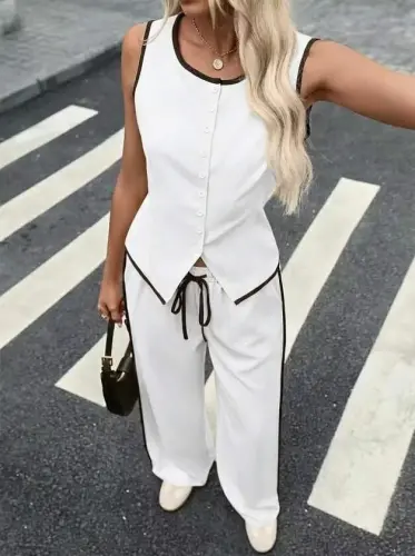 Women's Sleeveless Button-Front Vest and Trousers Two-Piece Set - 3