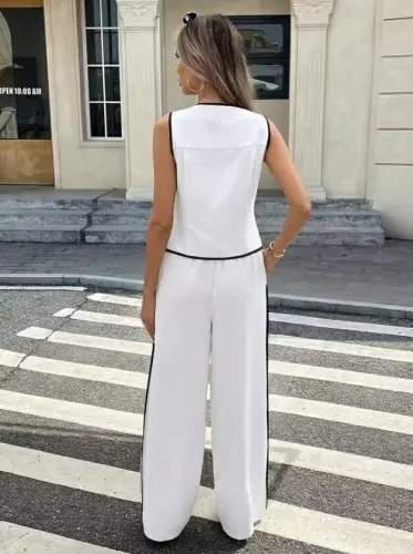 Women's Sleeveless Button-Front Vest and Trousers Two-Piece Set - 4