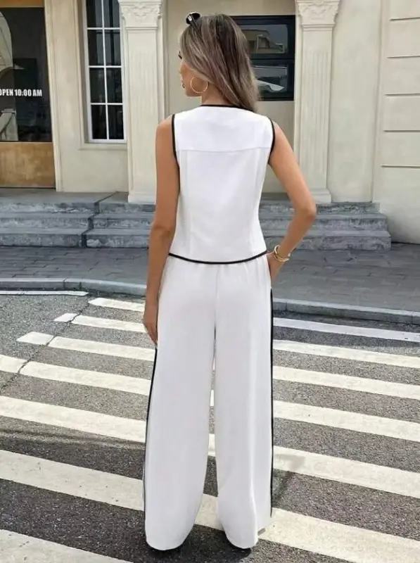 Women's Sleeveless Button-Front Vest and Trousers Two-Piece Set - 4