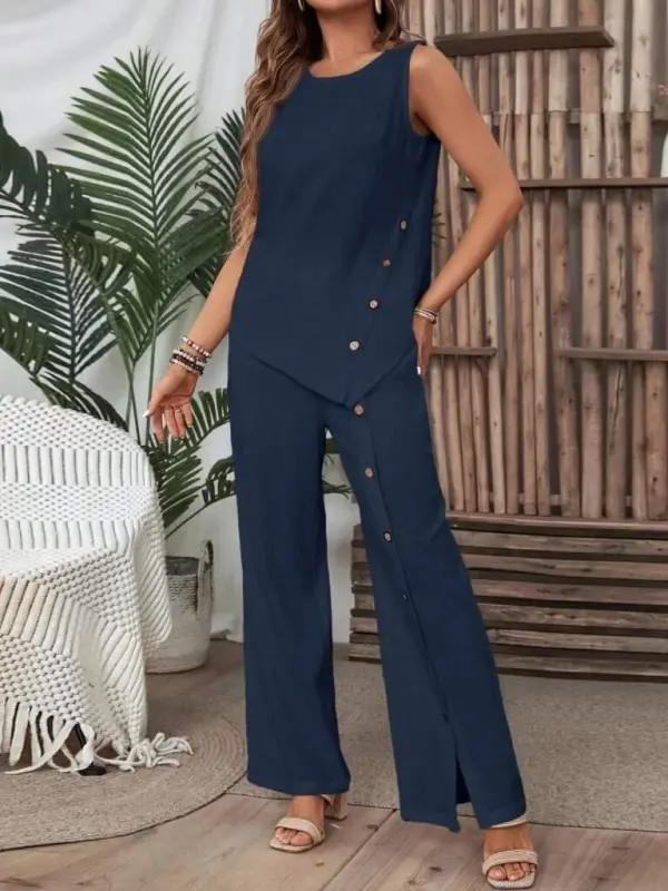 Women's Sleeveless Buttoned Asymmetric Detailed Crinkle Blouse and Pants Set - 1