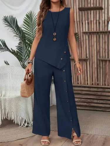 Women's Sleeveless Buttoned Asymmetric Detailed Crinkle Blouse and Pants Set - BÜYÜKBEDENIZ (1)