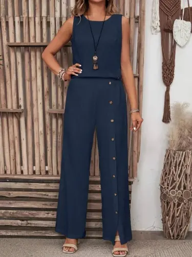 Women's Sleeveless Buttoned Asymmetric Detailed Crinkle Blouse and Pants Set - 3