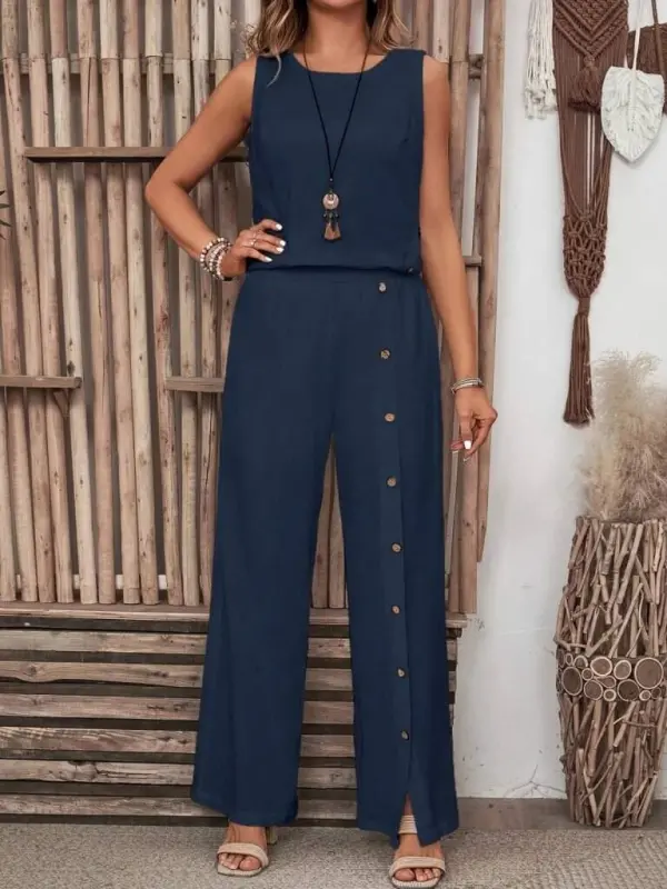 Women's Sleeveless Buttoned Asymmetric Detailed Crinkle Blouse and Pants Set - 3