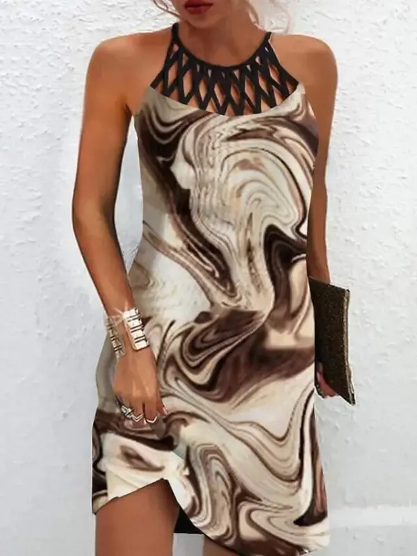 Women's Sleeveless Cold Shoulder Collar Printed Süprem Dress - 1