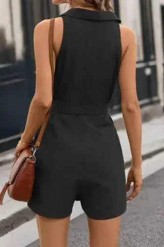Women's Sleeveless Collar Buttoned Belted Short Linen Jumpsuit - BÜYÜKBEDENIZ (1)