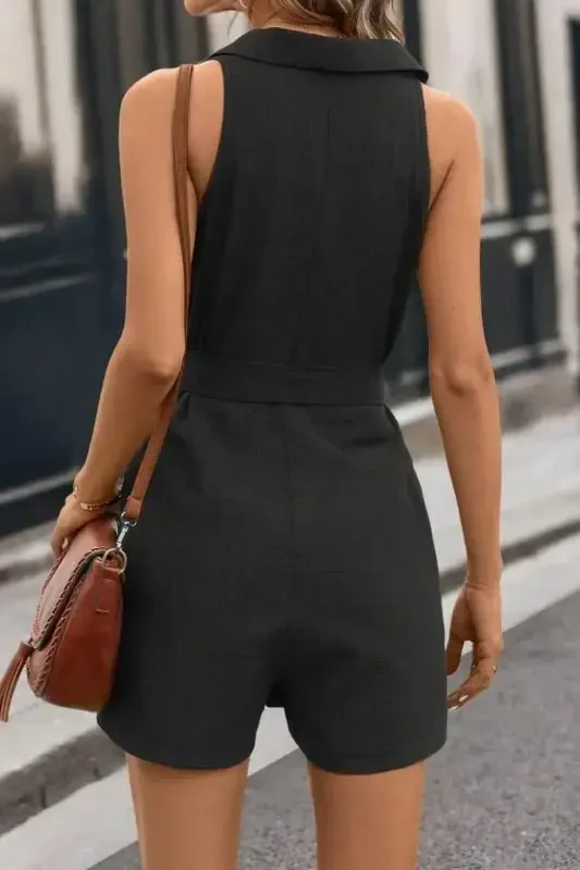 Women's Sleeveless Collar Buttoned Belted Short Linen Jumpsuit - 2