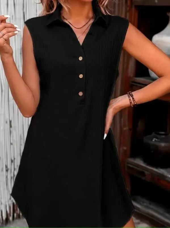 Women's Sleeveless Collared Button-Front Crinkle Dress - BÜYÜKBEDENIZ