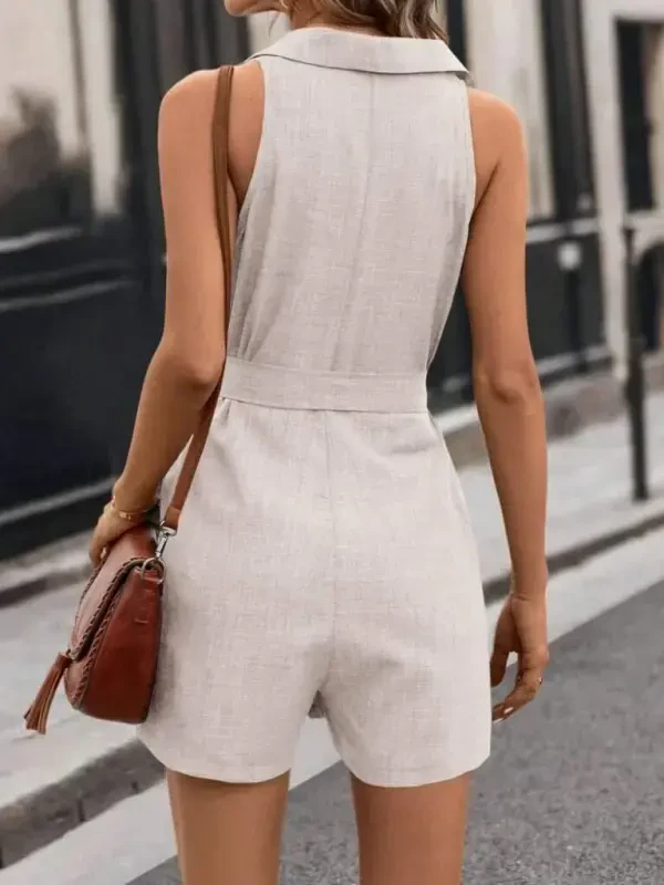 Women's Sleeveless Collared Buttoned Belted Short Linen Jumpsuit - 5