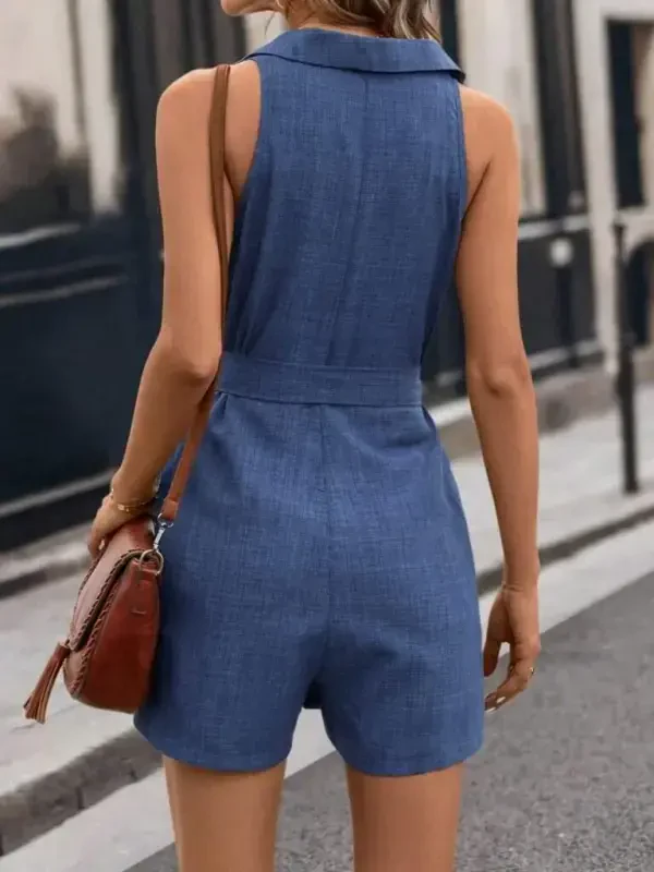 Women's Sleeveless Collared Buttoned Belted Short Linen Jumpsuit - 5