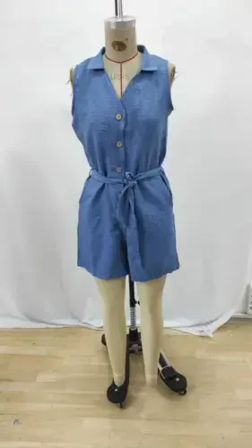 Women's Sleeveless Collared Buttoned Belted Short Linen Jumpsuit - 6