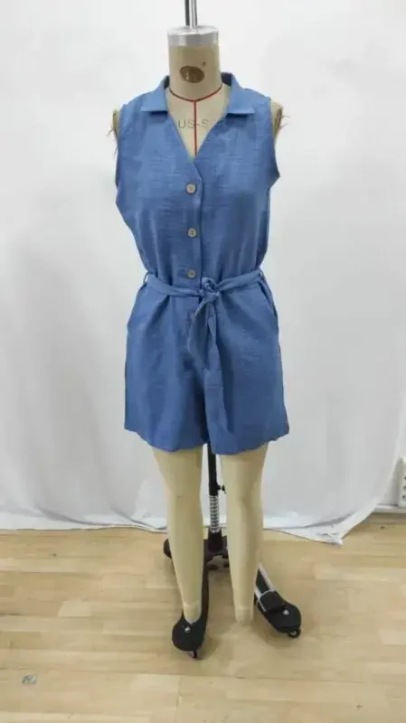 Women's Sleeveless Collared Buttoned Belted Short Linen Jumpsuit - 6