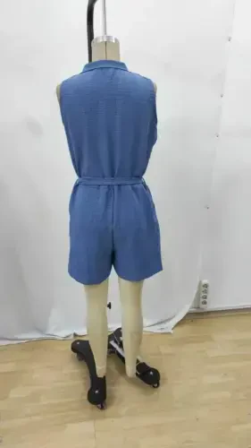 Women's Sleeveless Collared Buttoned Belted Short Linen Jumpsuit - 8