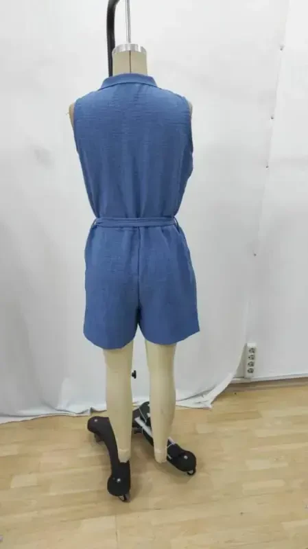 Women's Sleeveless Collared Buttoned Belted Short Linen Jumpsuit - 8