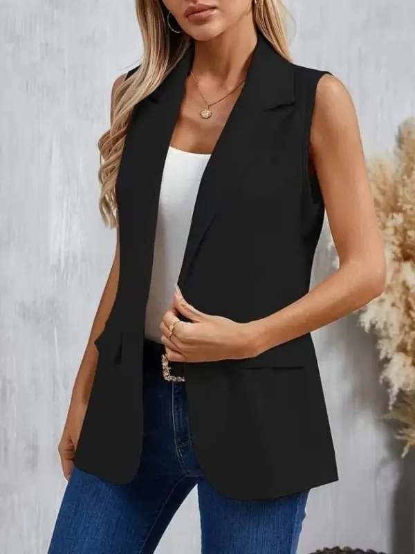 Women's Sleeveless Collared Single-Button Satin Blazer - BÜYÜKBEDENIZ
