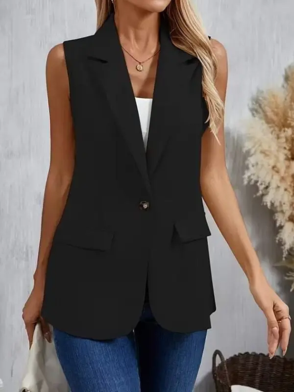 Women's Sleeveless Collared Single-Button Satin Blazer - 2