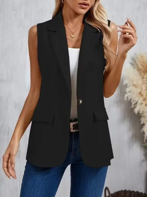 Women's Sleeveless Collared Single-Button Satin Blazer - 4