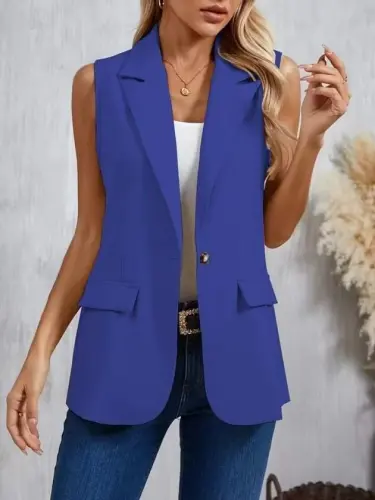 Women's Sleeveless Collared Single-Button Satin Jacket - BÜYÜKBEDENIZ (1)