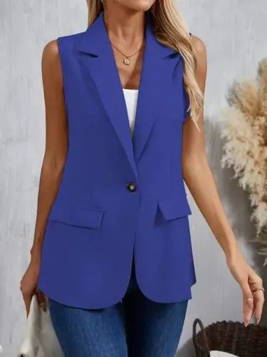 Women's Sleeveless Collared Single-Button Satin Jacket - 3
