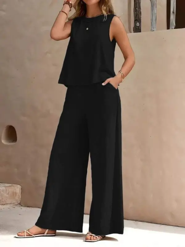 Women's Sleeveless Crew Neck Aerobic Blouse and Pants Set - 2