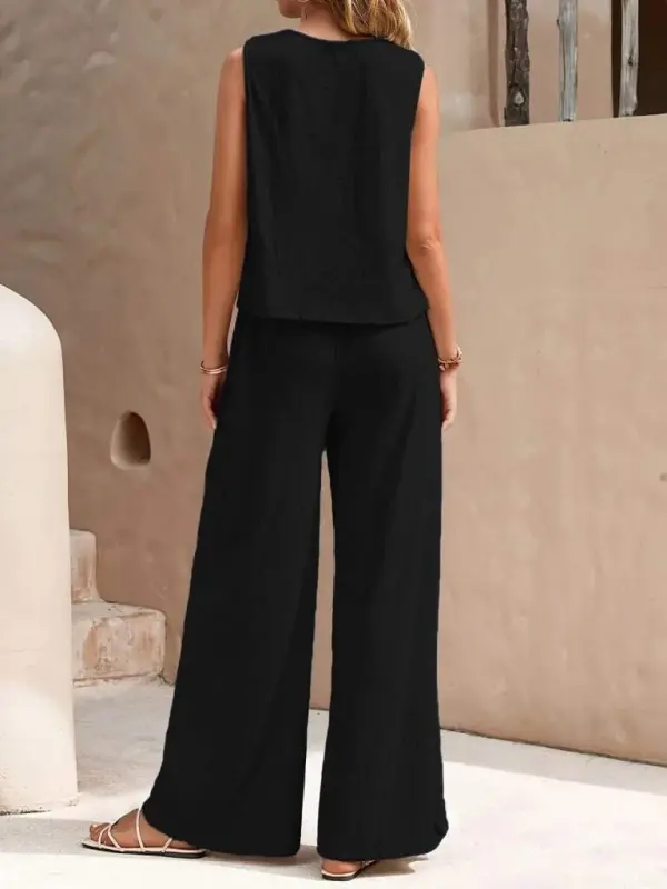 Women's Sleeveless Crew Neck Aerobic Blouse and Pants Set - 3