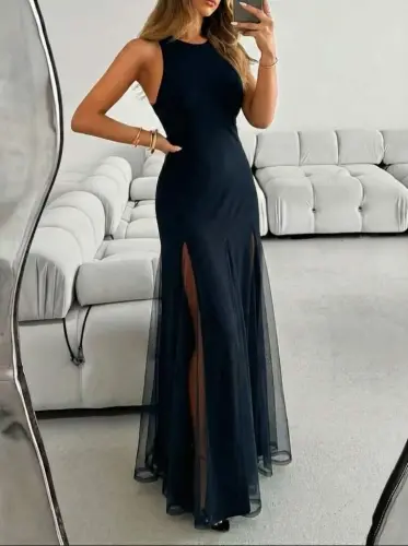 Women's Sleeveless Crew Neck Asymmetric Flared Long Imported Crepe Dress with Tulle Detail at the Hem - 1