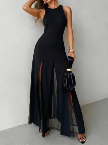 Women's Sleeveless Crew Neck Asymmetric Flared Long Imported Crepe Dress with Tulle Detail at the Hem - BÜYÜKBEDENIZ (1)