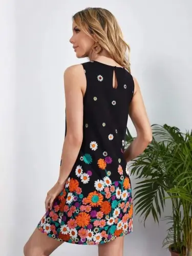 Women's Sleeveless Crew Neck Floral Patterned Süprem Mini Dress - 5