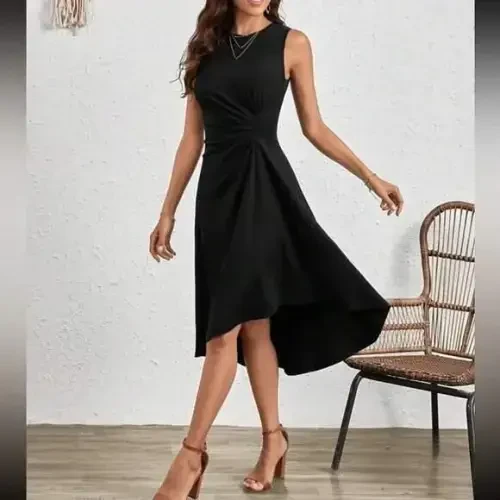 Women's Sleeveless Crew Neck Gathered Asymmetrical Cut Detailed Shimmer Crepe Dress - 2