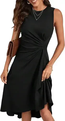 Women's Sleeveless Crew Neck Gathered Asymmetrical Cut Detailed Shimmer Crepe Dress - 4