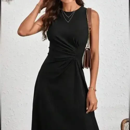 Women's Sleeveless Crew Neck Gathered Asymmetrical Cut Detailed Shimmer Crepe Dress - 5