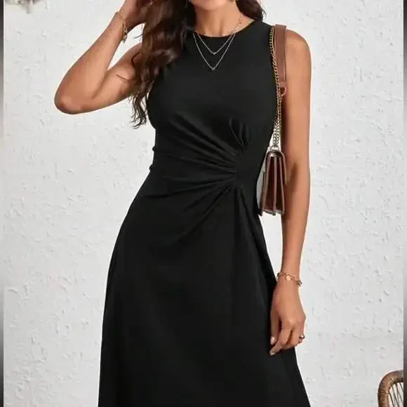 Women's Sleeveless Crew Neck Gathered Asymmetrical Cut Detailed Shimmer Crepe Dress - 5