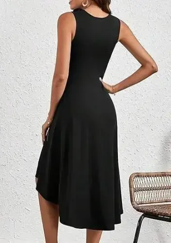 Women's Sleeveless Crew Neck Gathered Asymmetrical Cut Detailed Shimmer Crepe Dress - 6